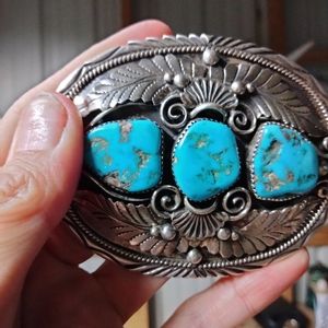 Authentic sterling silver and turquoise navajo belt buckle